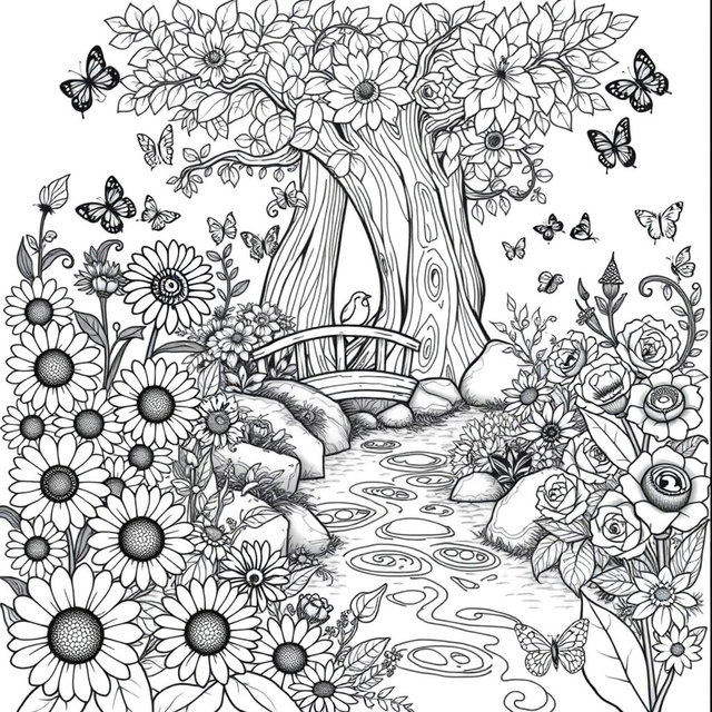 A detailed and intricate coloring page design featuring a whimsical garden scene filled with various flowers, butterflies, and a tranquil stream