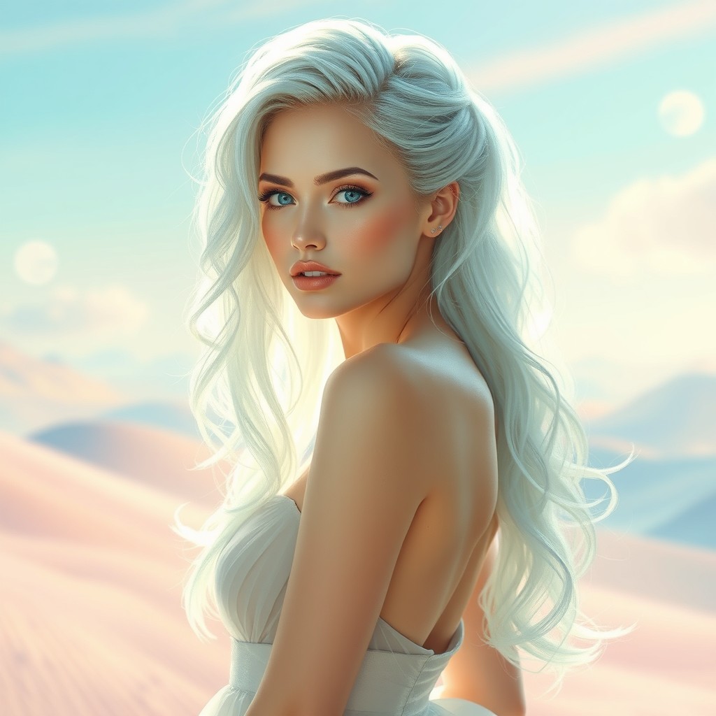 A stunning woman with glass-like hair that glistens in the light, creating a mesmerizing and ethereal effect
