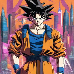 A high-definition image of Goku from the Dragon Ball series, adapted to a cyberpunk theme, embodying the role of a spy with high-tech gadgets and a futuristic outfit.