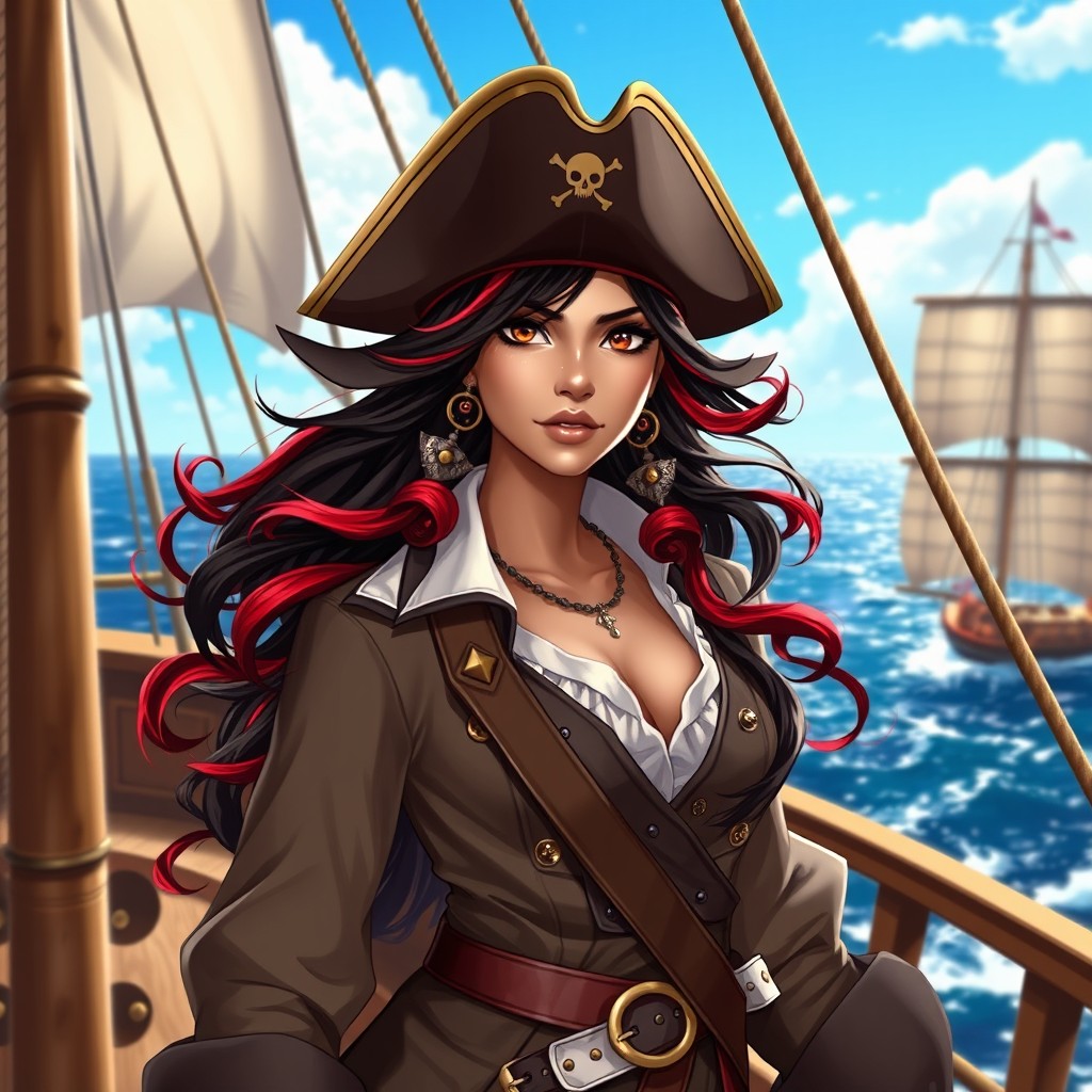 A charismatic Latina woman, featuring mesmerizing brown eyes and long flowing dark hair with striking red highlights, has a slight tan complexion