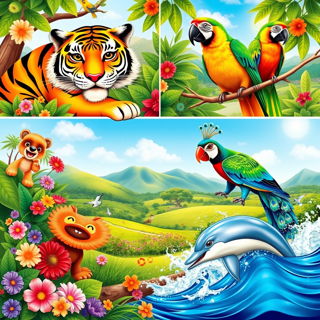 A vibrant and colorful animal-themed page featuring a variety of animals in their natural habitats
