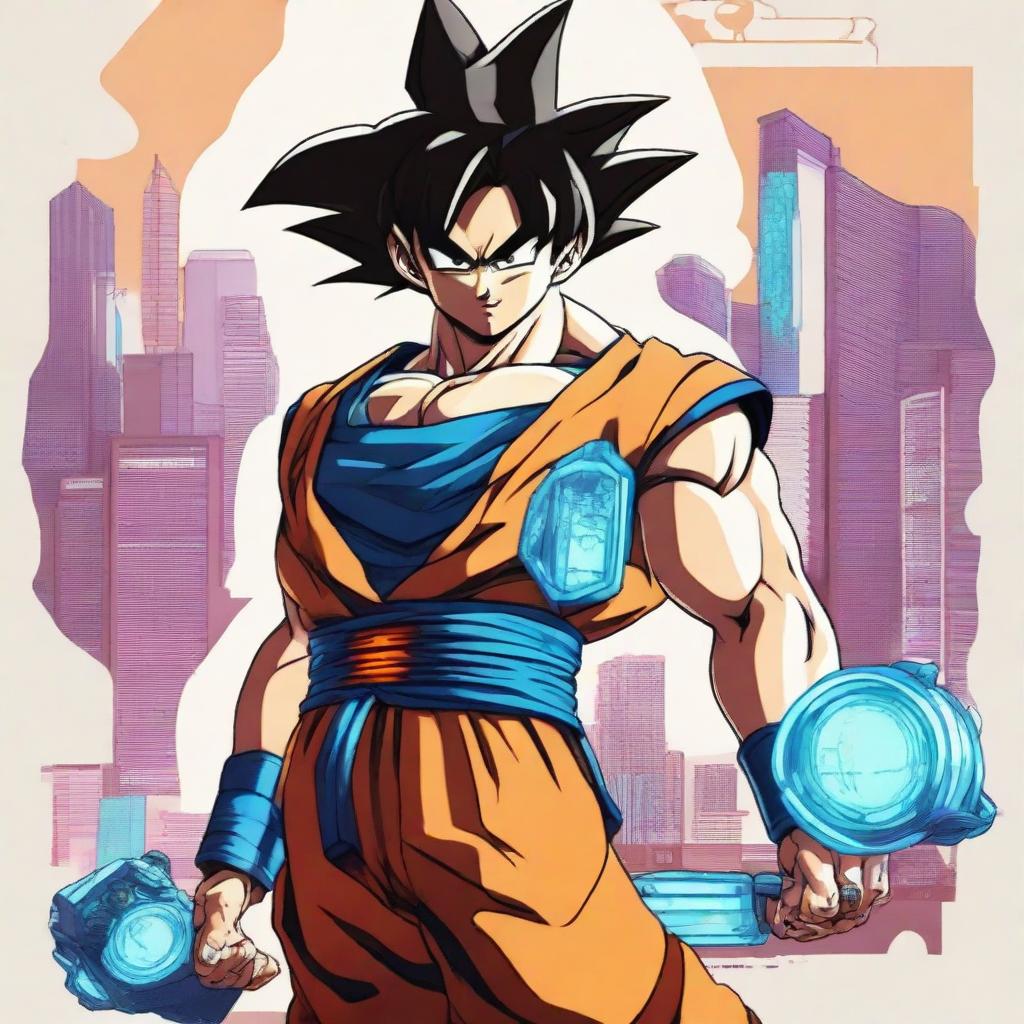 A high-definition image of Goku from the Dragon Ball series, adapted to a cyberpunk theme, embodying the role of a spy with high-tech gadgets and a futuristic outfit.