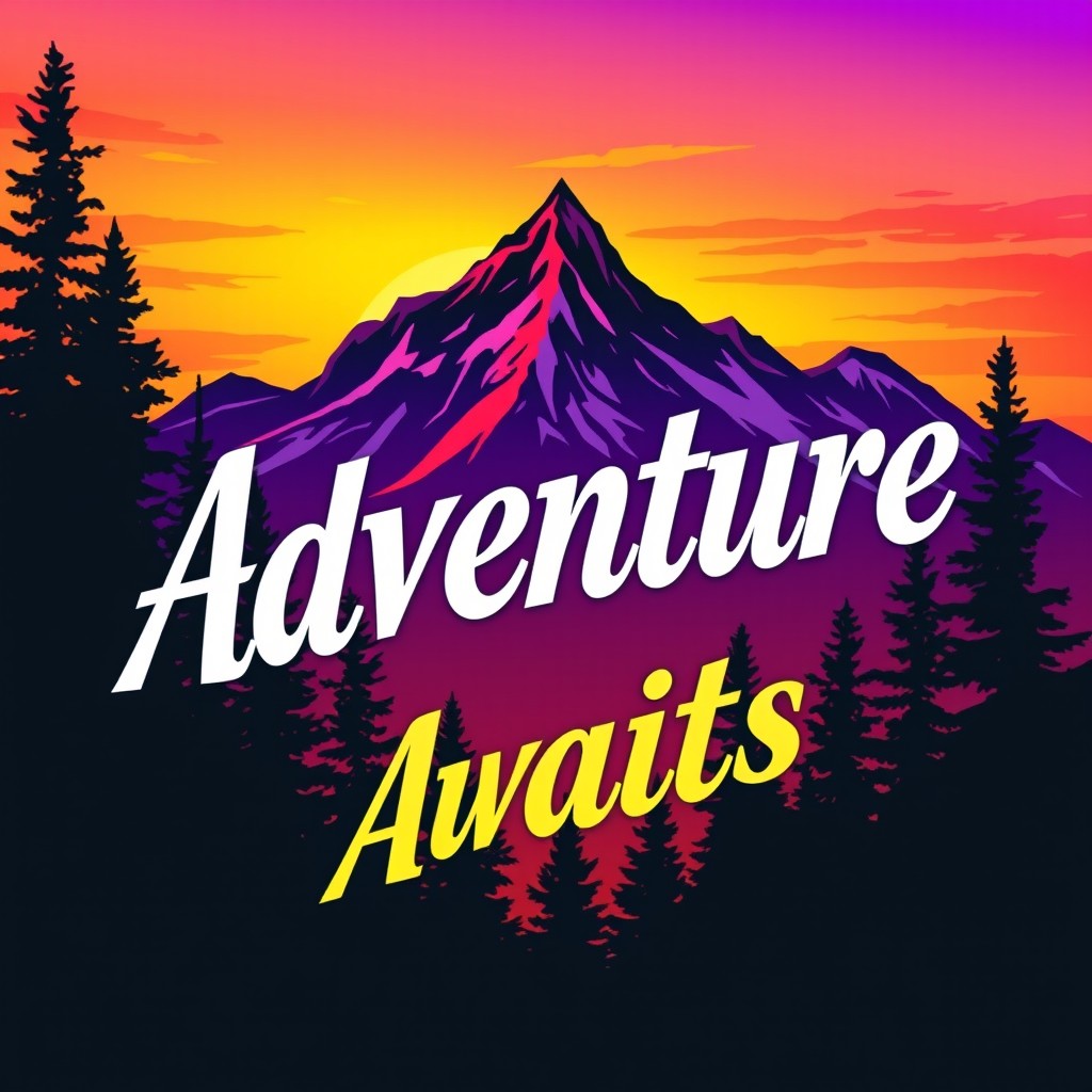 A vivid and eye-catching t-shirt design featuring a vibrant graphic of a majestic mountain range at sunset, with gradient colors transitioning from warm oranges and yellows at the horizon to deep purples and blues at the top of the mountains