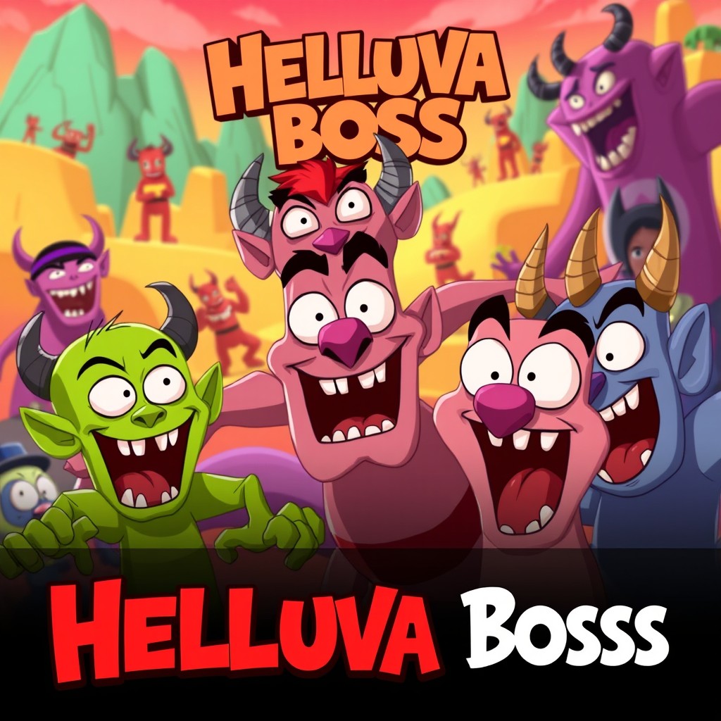A dynamic scene from the animated web series 'Helluva Boss', showcasing its unique characters with vivid expressions
