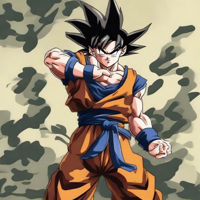 Goku from Dragon Ball, dressed in military camouflage attire, striking a strong pose, ready for action.