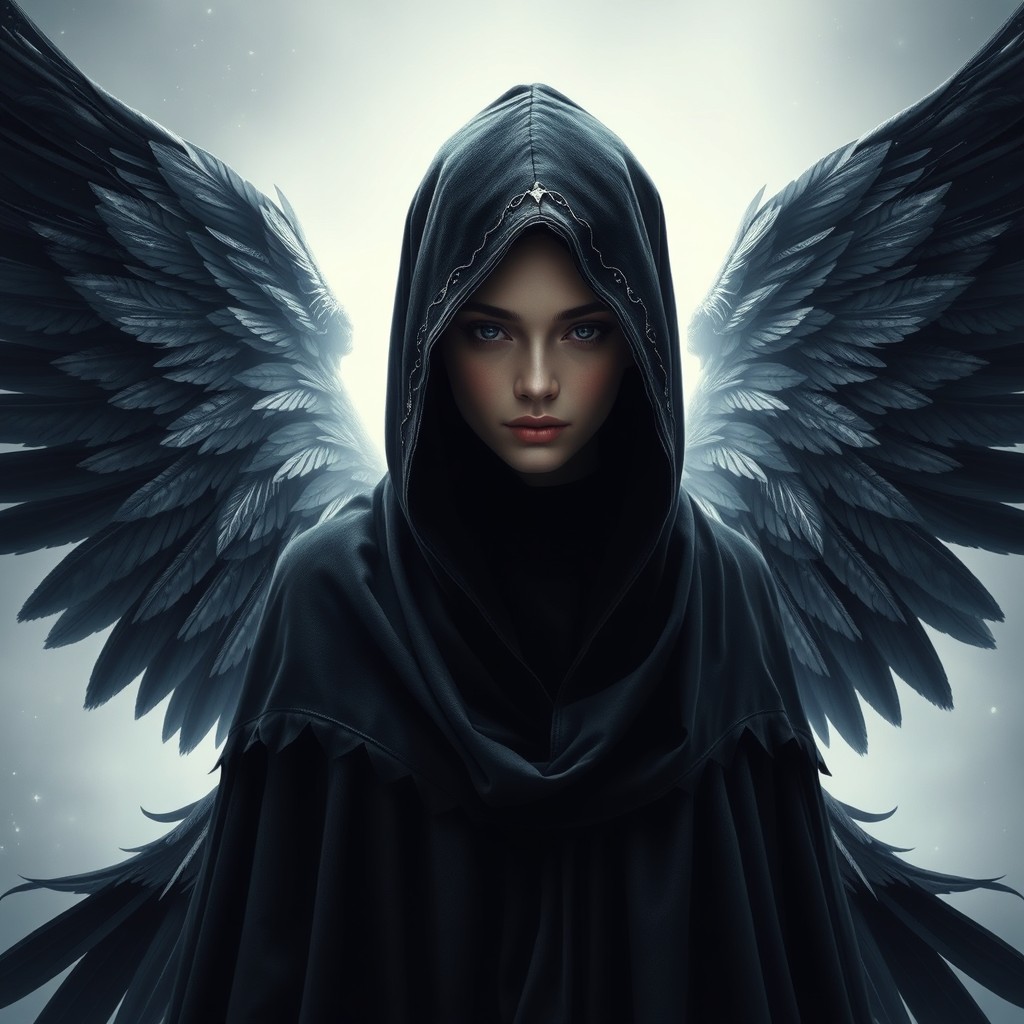 A strikingly beautiful black hooded angel with intricate feathered wings, standing majestically against a soft, ethereal background