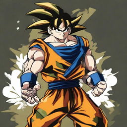 Goku from Dragon Ball, dressed in military camouflage attire, striking a strong pose, ready for action.