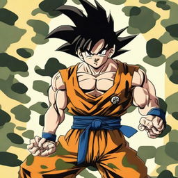 Goku from Dragon Ball, dressed in military camouflage attire, striking a strong pose, ready for action.