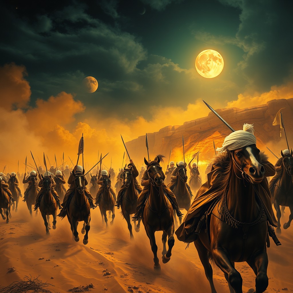 A breathtaking scene featuring 40 bandits on horseback galloping through a vast desert, their faces menacing, wielding scimitars as they engage in dynamic combat amidst swirling clouds of dust