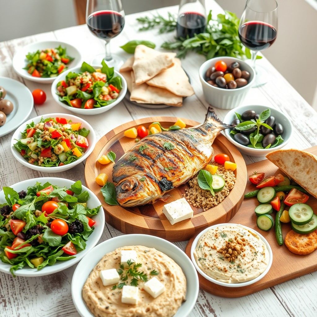 A beautifully arranged Mediterranean Diet spread featuring a variety of vibrant and colorful dishes