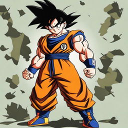 Goku from Dragon Ball, dressed in military camouflage attire, striking a strong pose, ready for action.