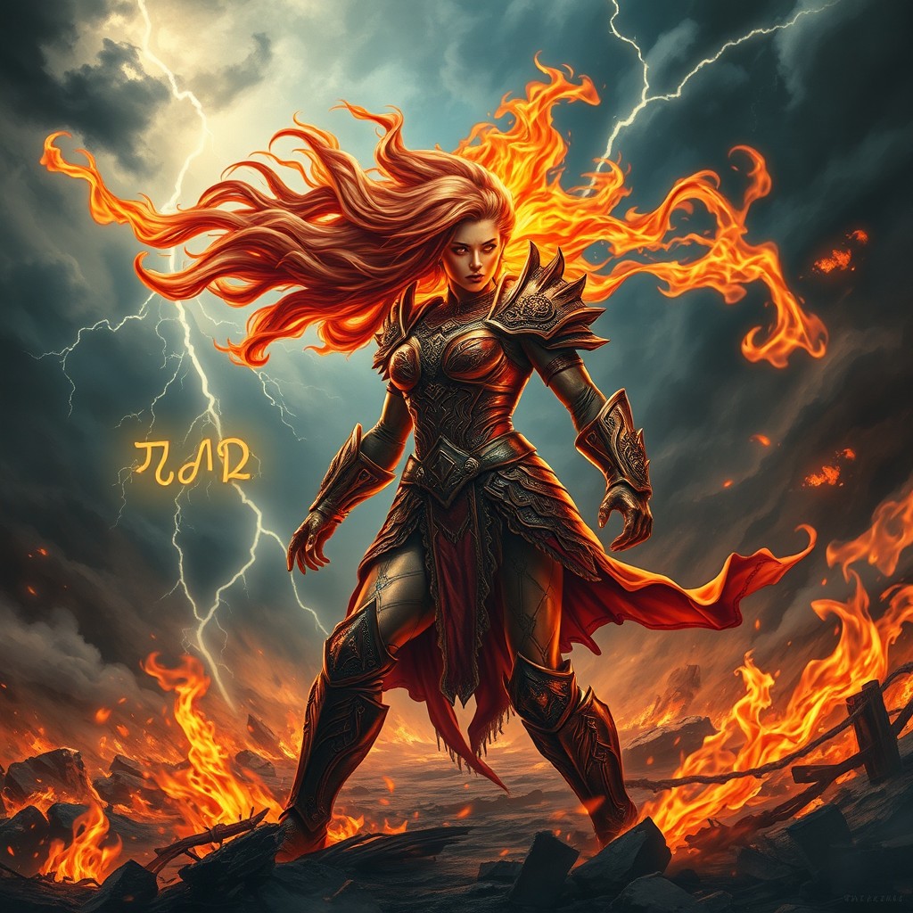 A dramatic scene depicting "Fiery Fury", showcasing a powerful, female warrior engulfed in flames, her hair flowing like fire and her eyes glowing with intense heat