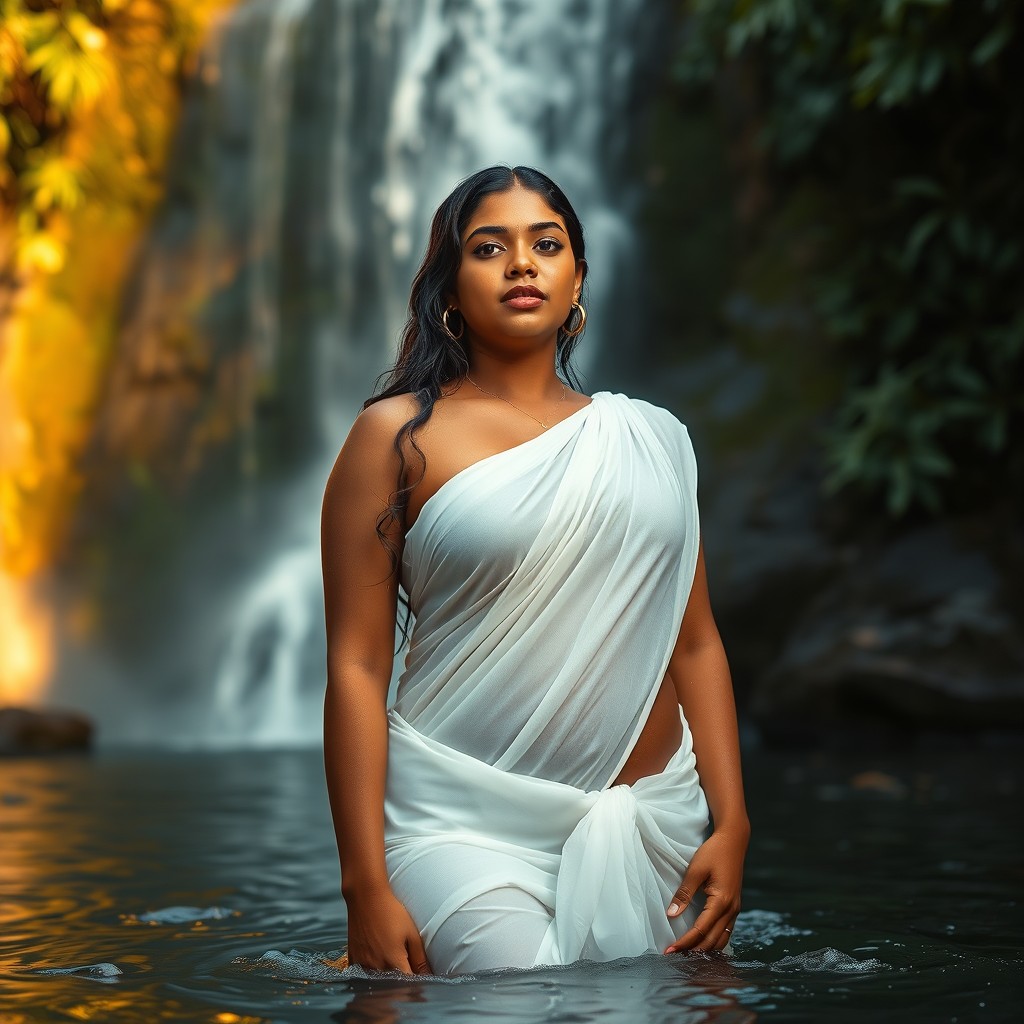 A young thick Indian woman, exuding confidence and grace, wearing a thin, wet white saree that wraps elegantly around her curves