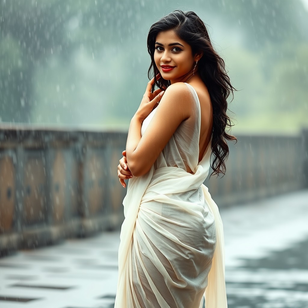 An alluring Indian model standing gracefully in the rain, wearing a wet low hip white chiffon saree that clings to her body, emphasizing her beautiful curvy hips