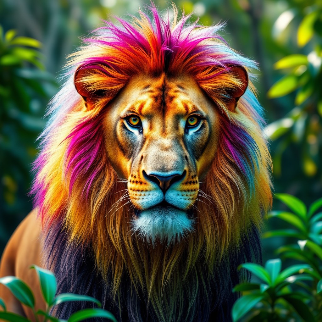 A majestic lion with a vibrant and colorful mane, blending shades of electric blue, bright orange, deep purple, and vivid green