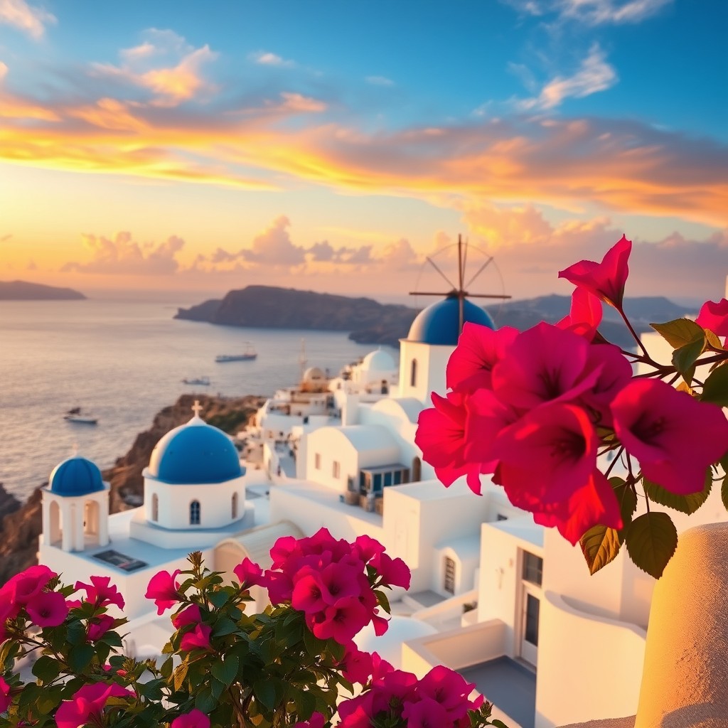 A stunning view of the iconic Santorini landscape in Greece, featuring white-washed buildings with blue domes perched on cliffs overlooking the Aegean Sea