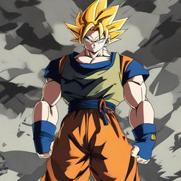 A high-definition image of Goku from the Dragon Ball series, dressed in a modern warfare-inspired military camouflage uniform, standing braced for action with a determined expression.