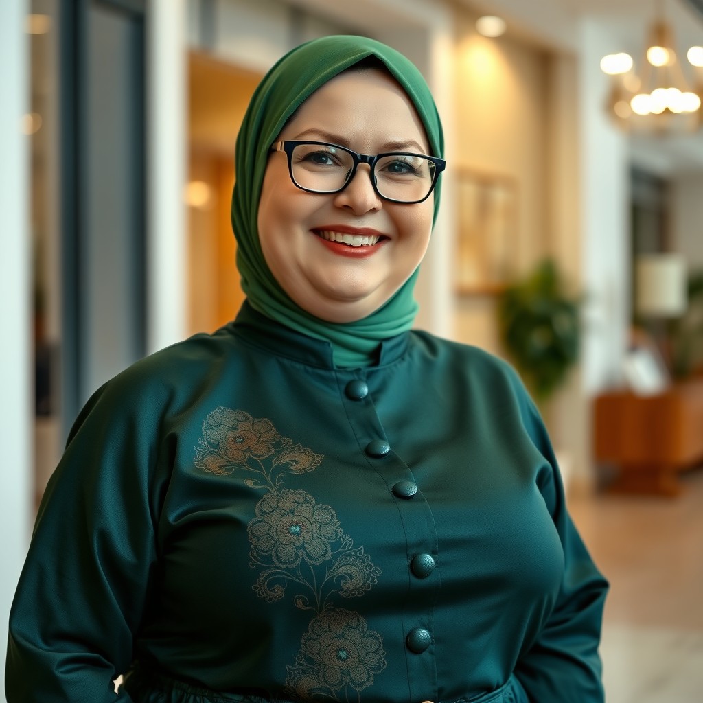 A beautiful, chubby Russian woman in her 50s, wearing a green hijab and a stylish, glossy batik uniform in dark green