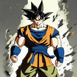 A high-definition image of Goku from the Dragon Ball series, dressed in a modern warfare-inspired military camouflage uniform, standing braced for action with a determined expression.