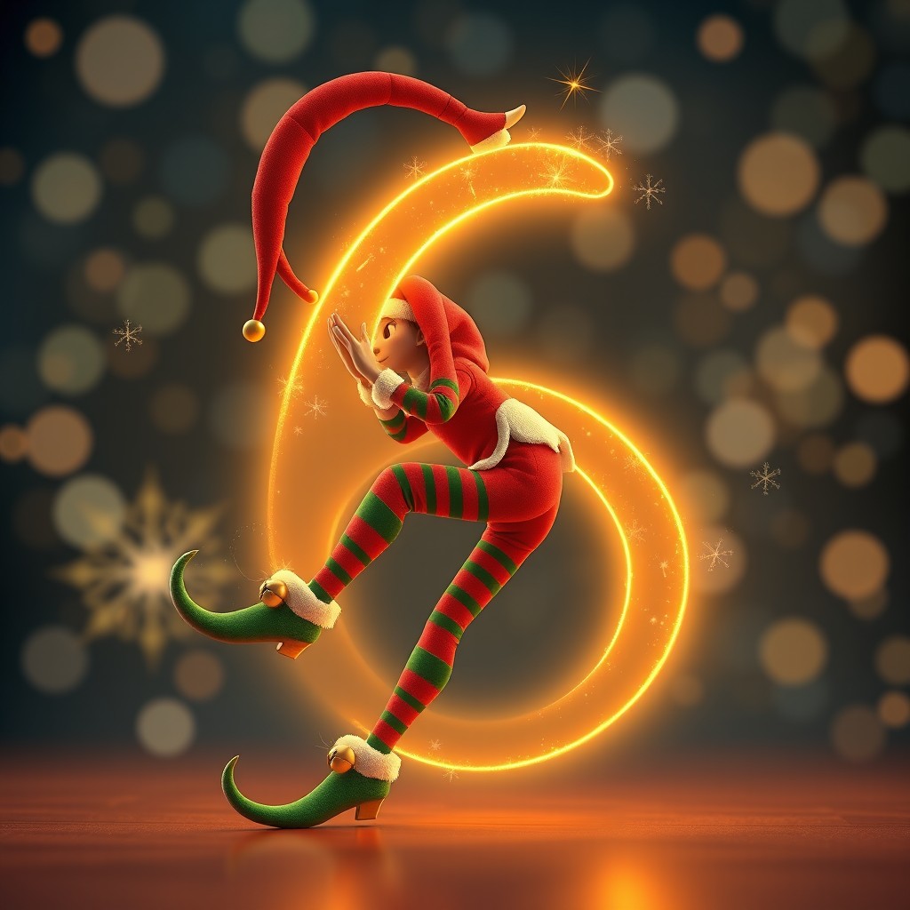 A hyper-detailed 3D render of a single Christmas elf magically contorting his body to form the shape of a glowing number '6'