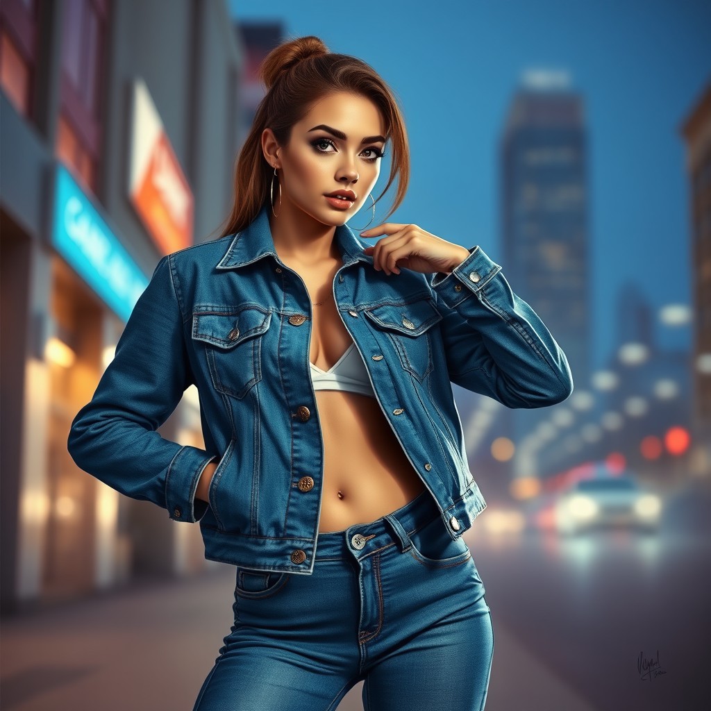 A woman posing for a picture, wearing a stylish double denim outfit that includes a fitted denim jacket and jeans