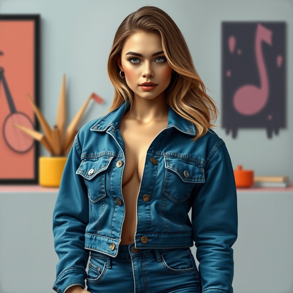 A woman confidently posing for a picture, wearing a stylish double denim outfit complete with a rugged denim jacket and jeans, captured in a photorealistic painting style reminiscent of Robert Koehler