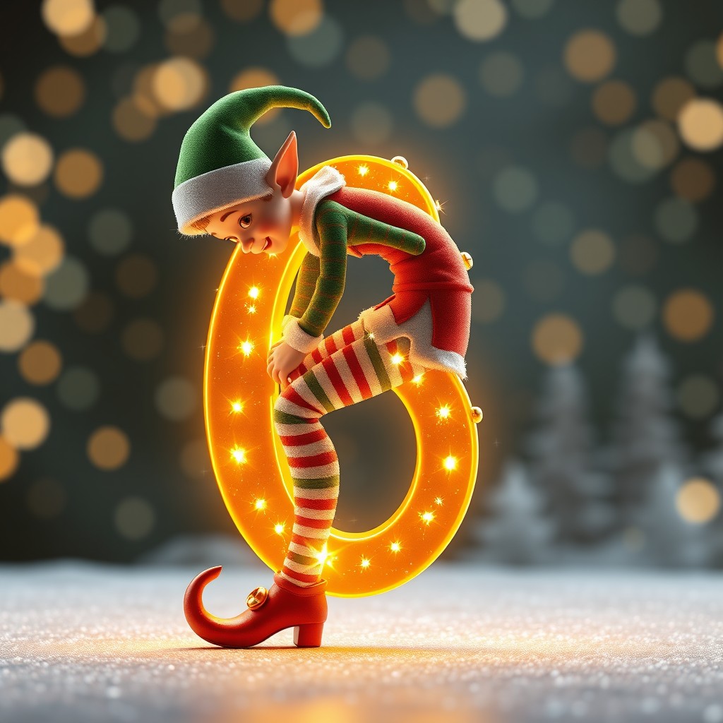 A hyper-detailed 3D render of a single Christmas elf magically contorting his body to form the shape of a glowing number '6'