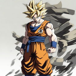 A high-definition image of Goku from the Dragon Ball series, dressed in a modern warfare-inspired military camouflage uniform, standing braced for action with a determined expression.