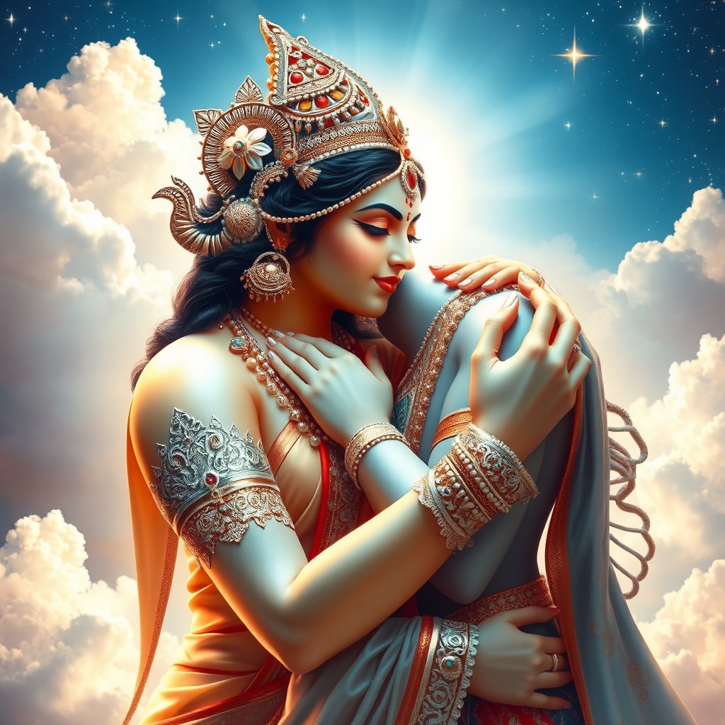 A beautiful Hindu goddess and a divine deity sharing a tender kiss in a celestial setting (Swarg)