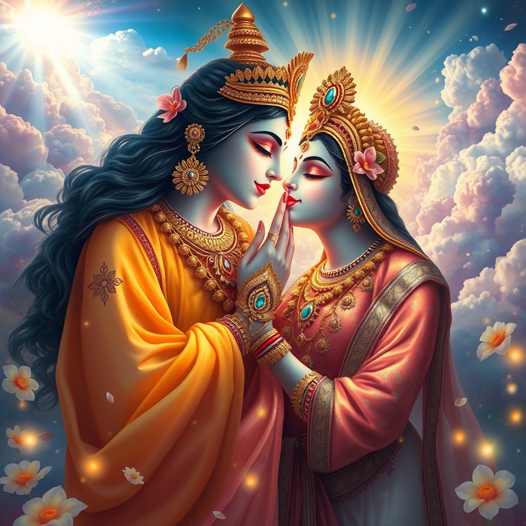 A beautiful depiction of a Hindu goddess gently kissing the lips of a divine being in Swarglok, surrounded by celestial landscapes filled with vibrant colors and ethereal light