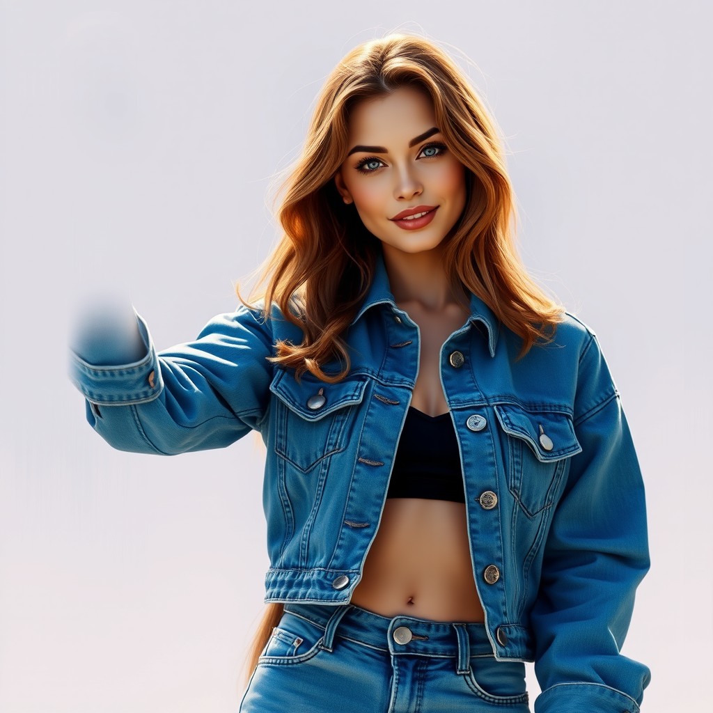 A woman confidently posing for a picture in a stylish double denim outfit, featuring a classic denim jacket and matching jeans