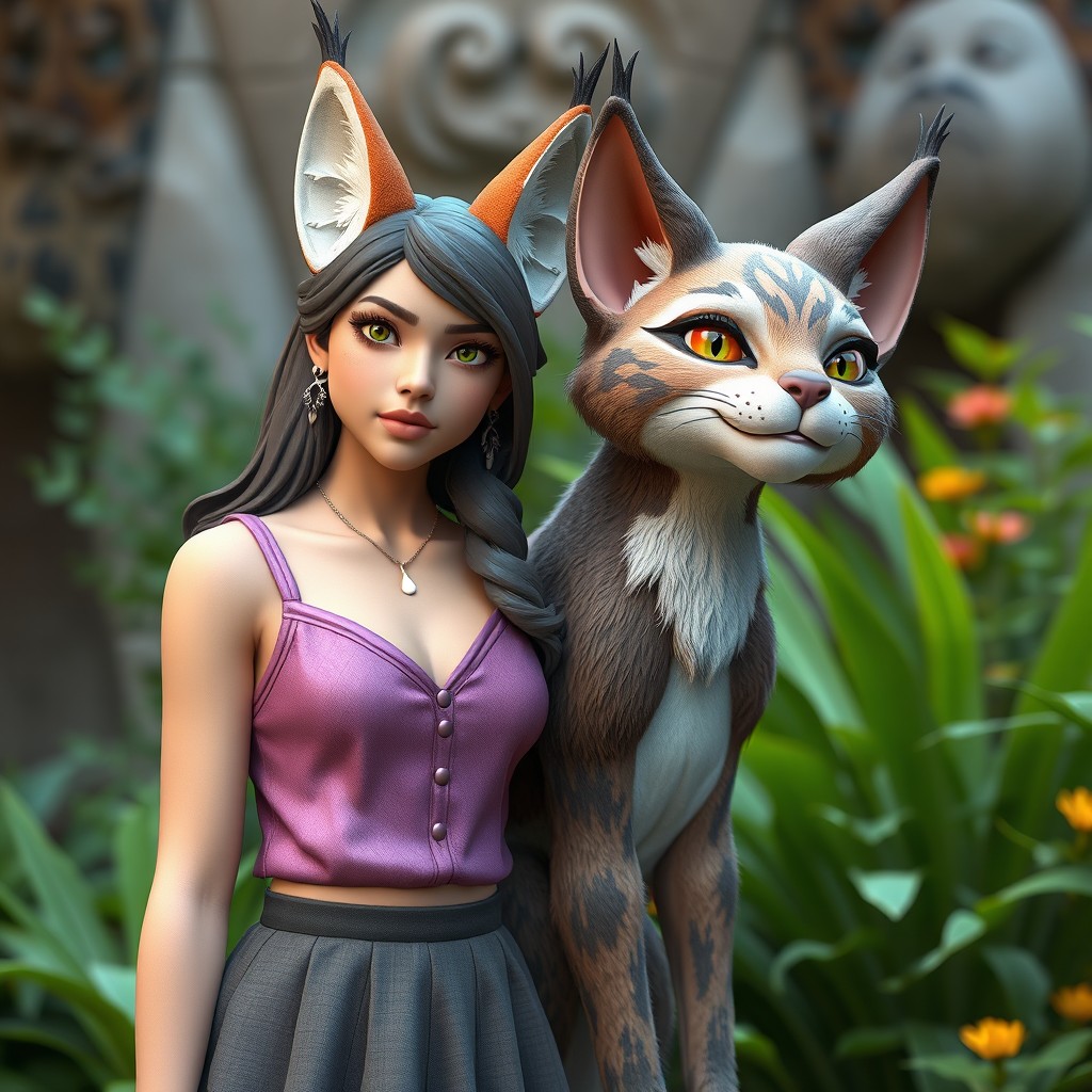 A young woman standing next to a whimsical statue of a cat, inspired by the artistic style of Caroline Chariot-Dayez