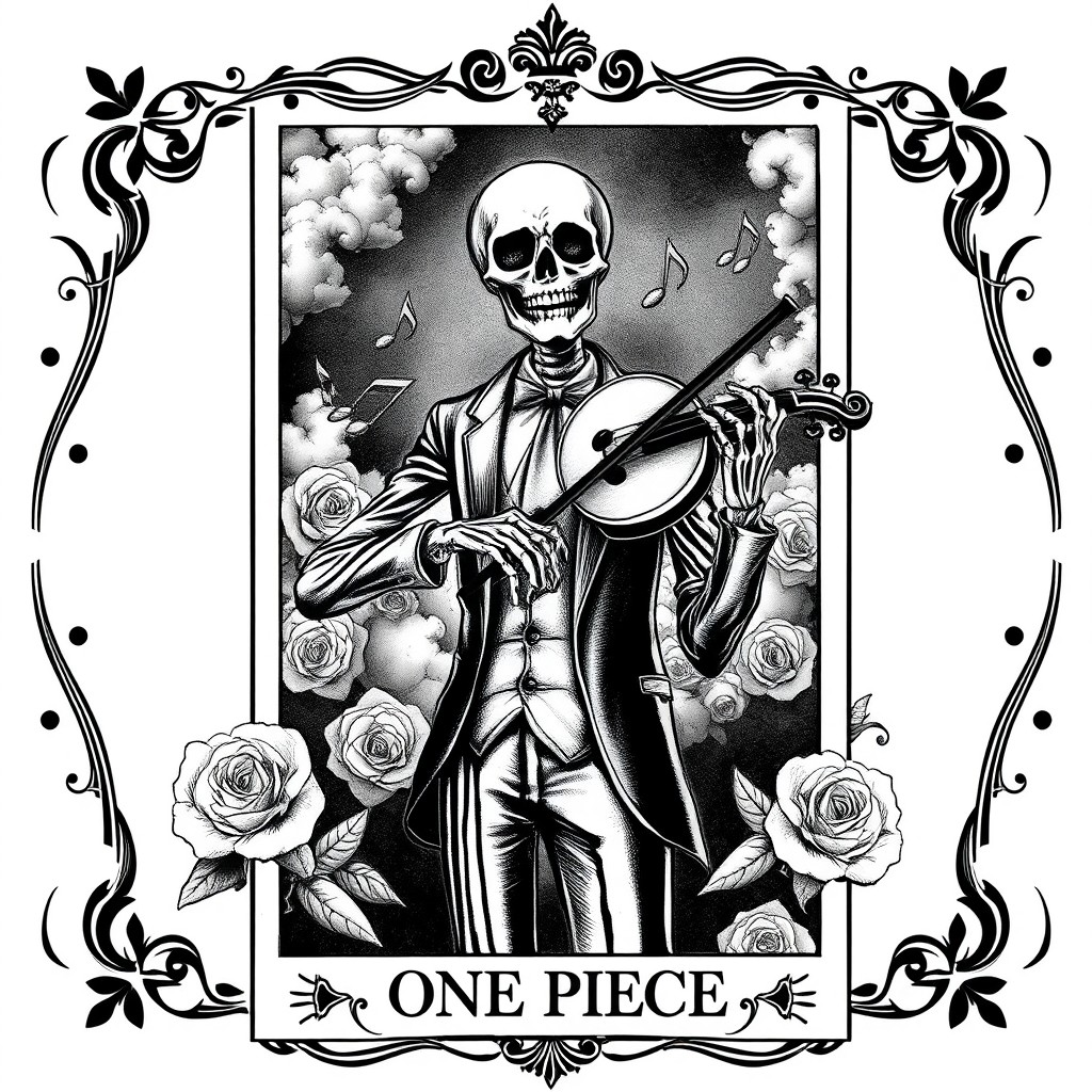 A skeleton wearing a tailored suit, elegantly holding a violin, surrounded by floating musical notes