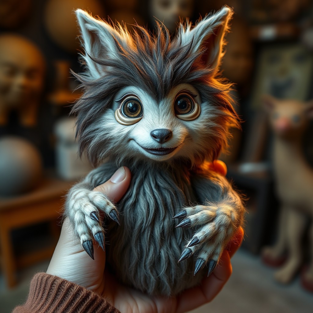 A close-up of a person gently holding a beautifully crafted stuffed animal, resembling a surrealist sculpture by Wendy Froud