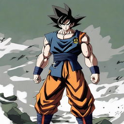 A high-definition image of Goku from the Dragon Ball series, dressed in a modern warfare-inspired military camouflage uniform, standing braced for action with a determined expression.