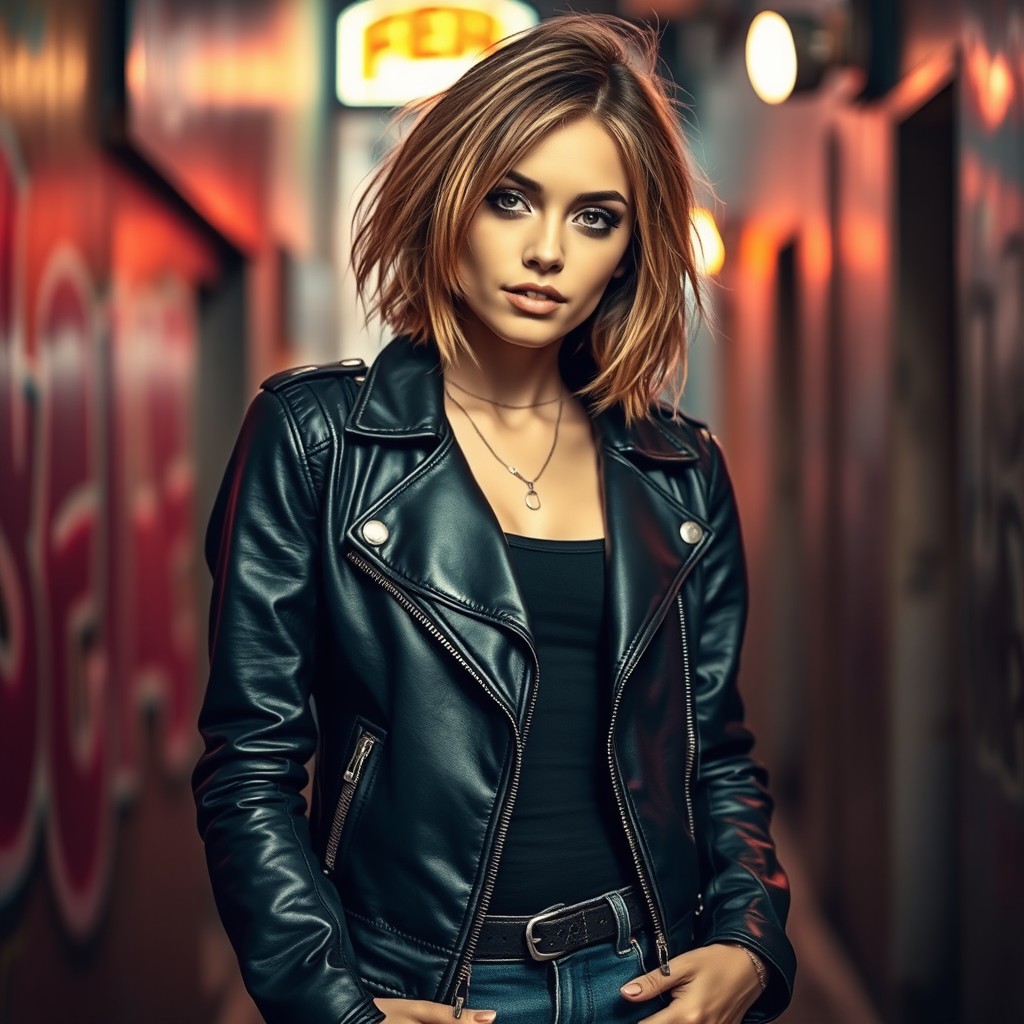 A rebellious young woman with a confident expression standing in an urban environment, wearing a leather jacket and ripped jeans