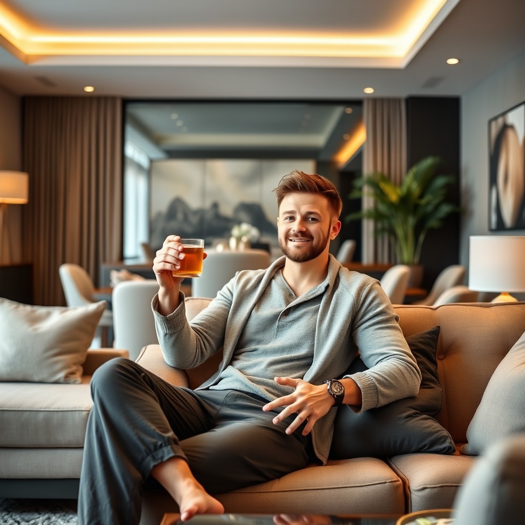 A man sitting comfortably in a stylish modern living room, casually dressed in trendy loungewear and enjoying a drink