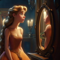 Hyper-realistic image of Disney princess Rapunzel transformed into a boar, looking shocked and sad at her reflection in a mirror. Highlight details in her dress and skin texture, providing a cinematic lighting effect in 8K HD.