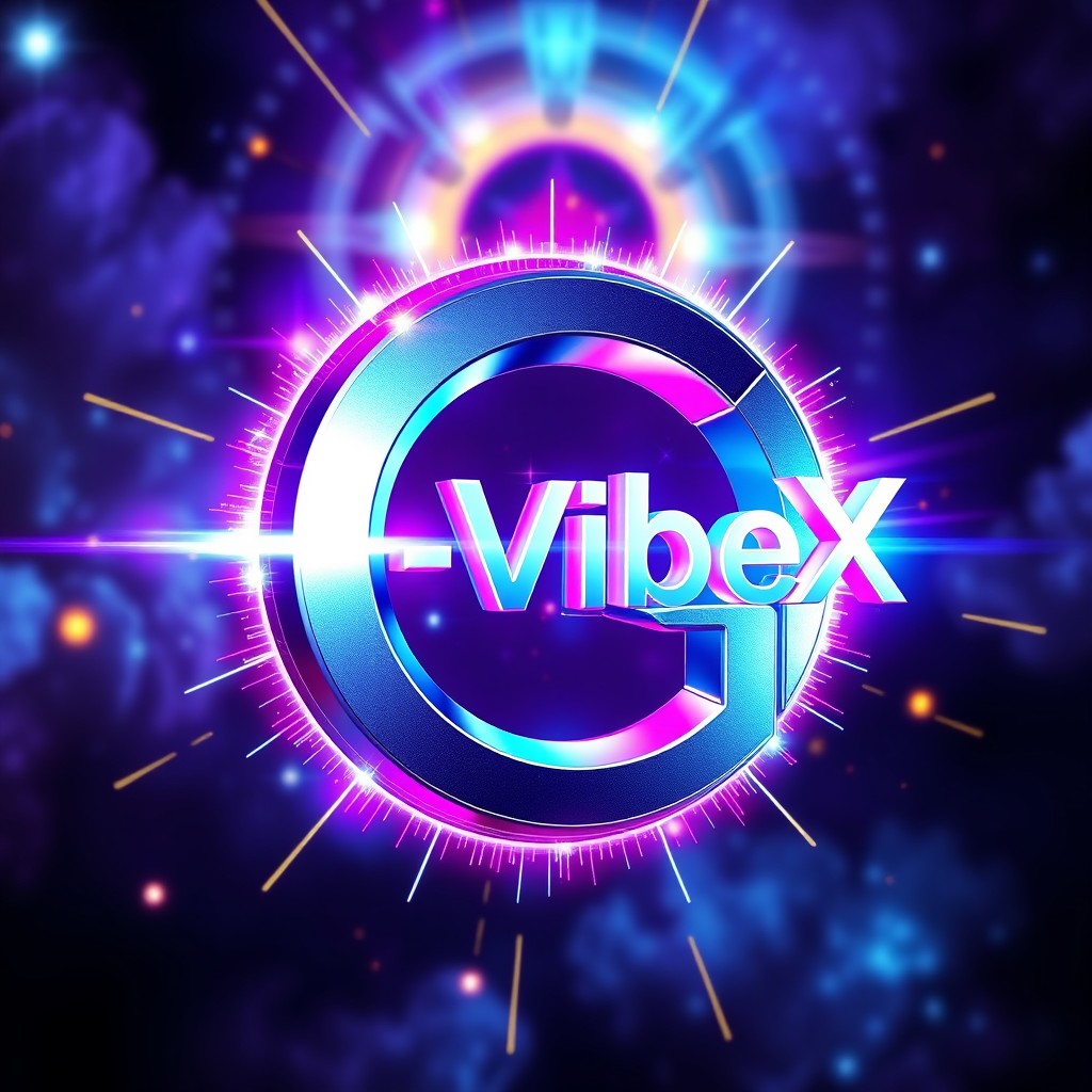 3D ultra-realistic YouTube logo for a channel named 'G-VibeX', featuring vibrant cosmic colors with glowing neon 'G'