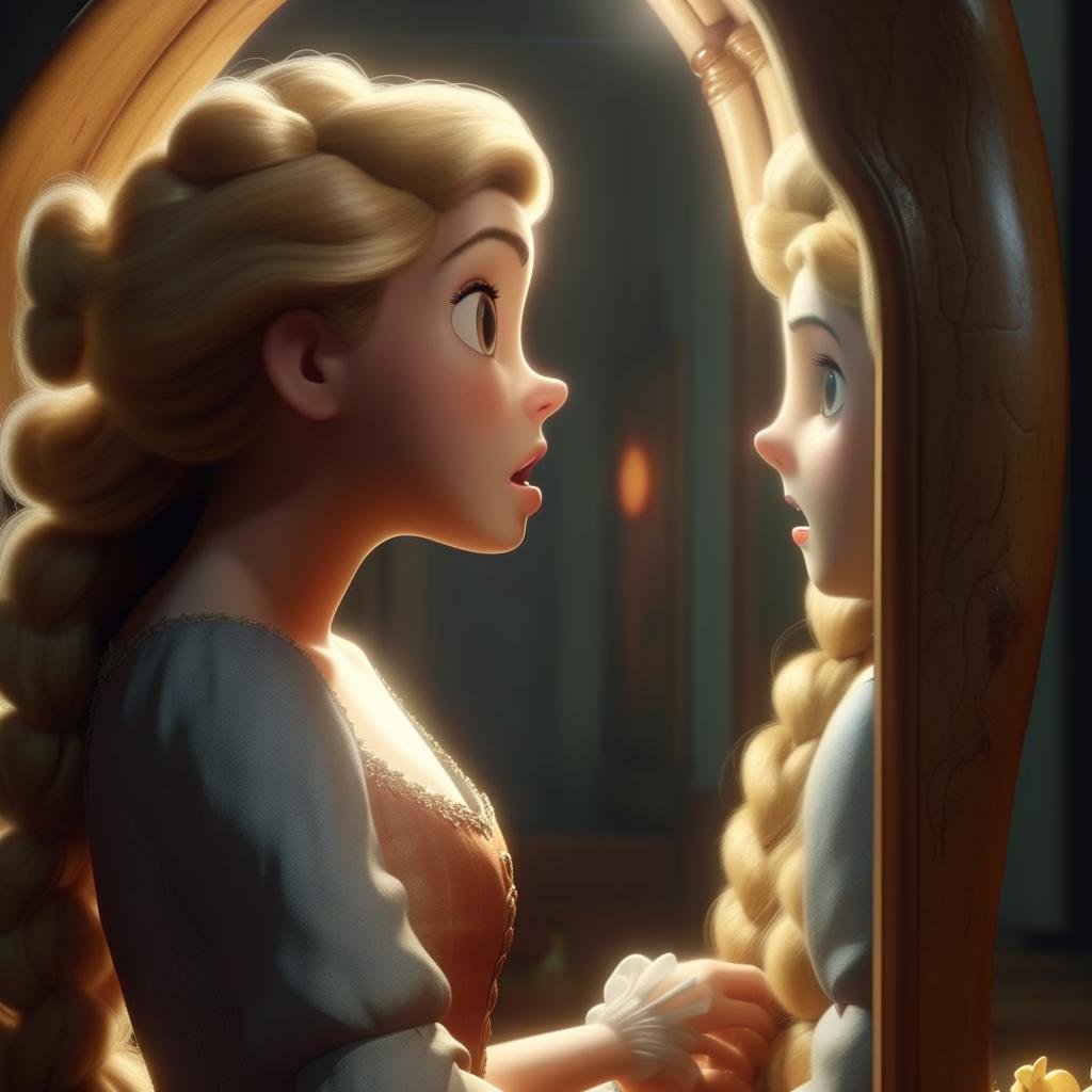 Hyper-realistic image of Disney princess Rapunzel transformed into a boar, looking shocked and sad at her reflection in a mirror. Highlight details in her dress and skin texture, providing a cinematic lighting effect in 8K HD.