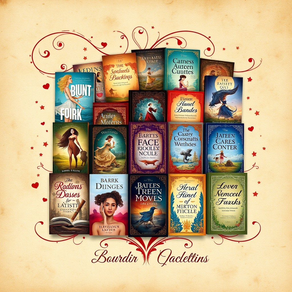 A visually striking book cover design featuring a collage of beautifully illustrated book covers, with their blurbs artistically integrated into the layout