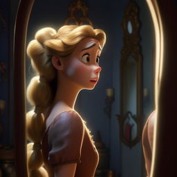 Hyper-realistic image of Disney princess Rapunzel transformed into a boar, looking shocked and sad at her reflection in a mirror. Highlight details in her dress and skin texture, providing a cinematic lighting effect in 8K HD.