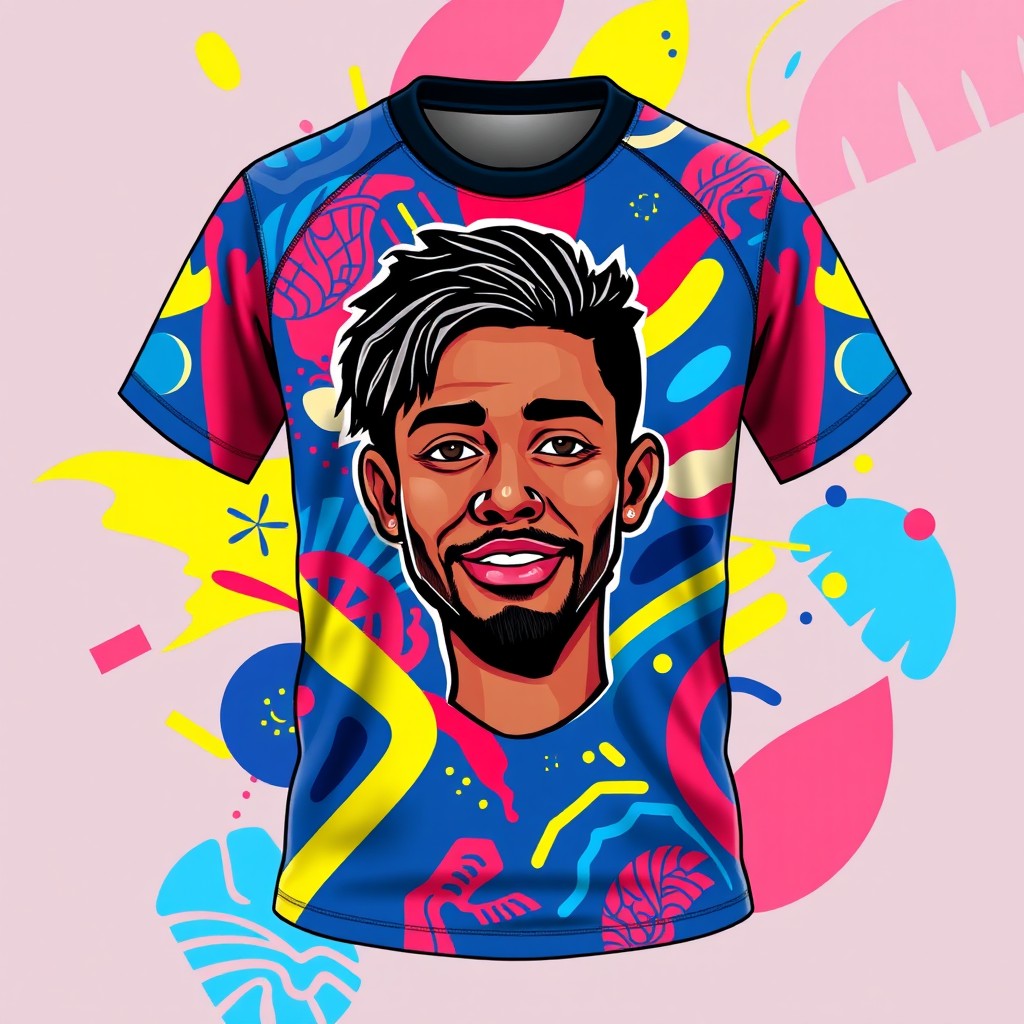 A vibrant and colorful jersey design featuring a stylized, artistic rendering of a friend's face prominently displayed on the front