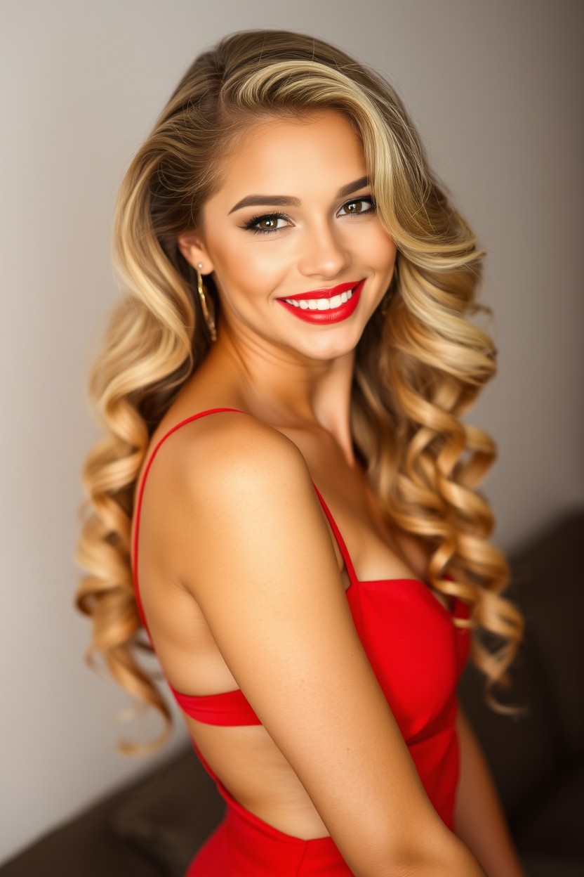 A stunning young woman with long, flowing blonde curled hair, her vibrant red lipstick accentuating her confident smile