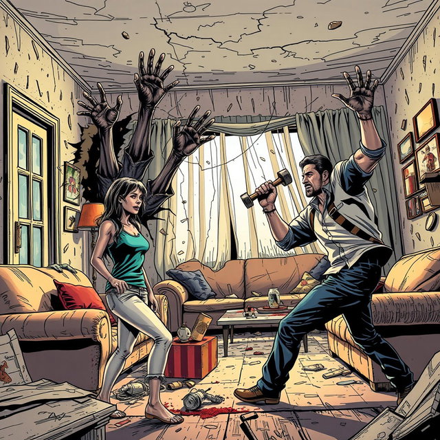 A dynamic wide establishing shot in a Marvel comic style, featuring a young woman in a worn-out living room, filled with distressed furniture and a sense of chaos