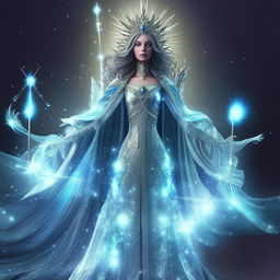 A majestic queen imbued with mystical elements. Her robe glows with celestial patterns, she wears a crown made of remaining stars, and she holds a staff crowned with a glowing crystal.