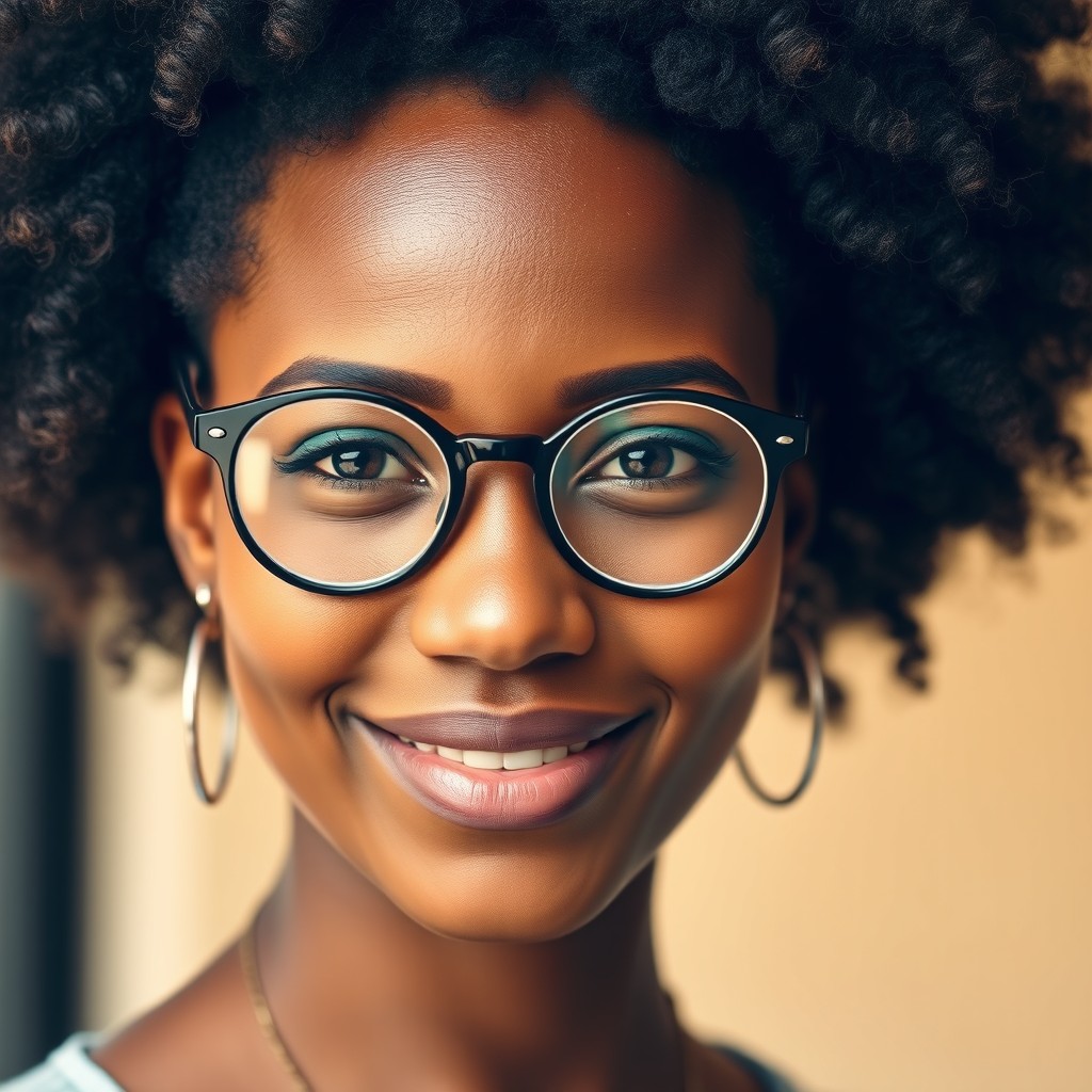 A striking portrait of an Ethiopian woman with beautiful afro curls, wearing stylish round glasses