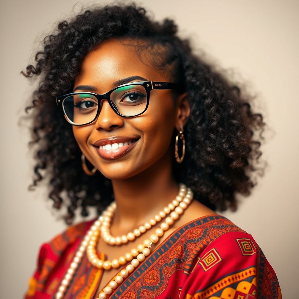 A beautiful Ethiopian woman with curly afro hair wearing stylish glasses