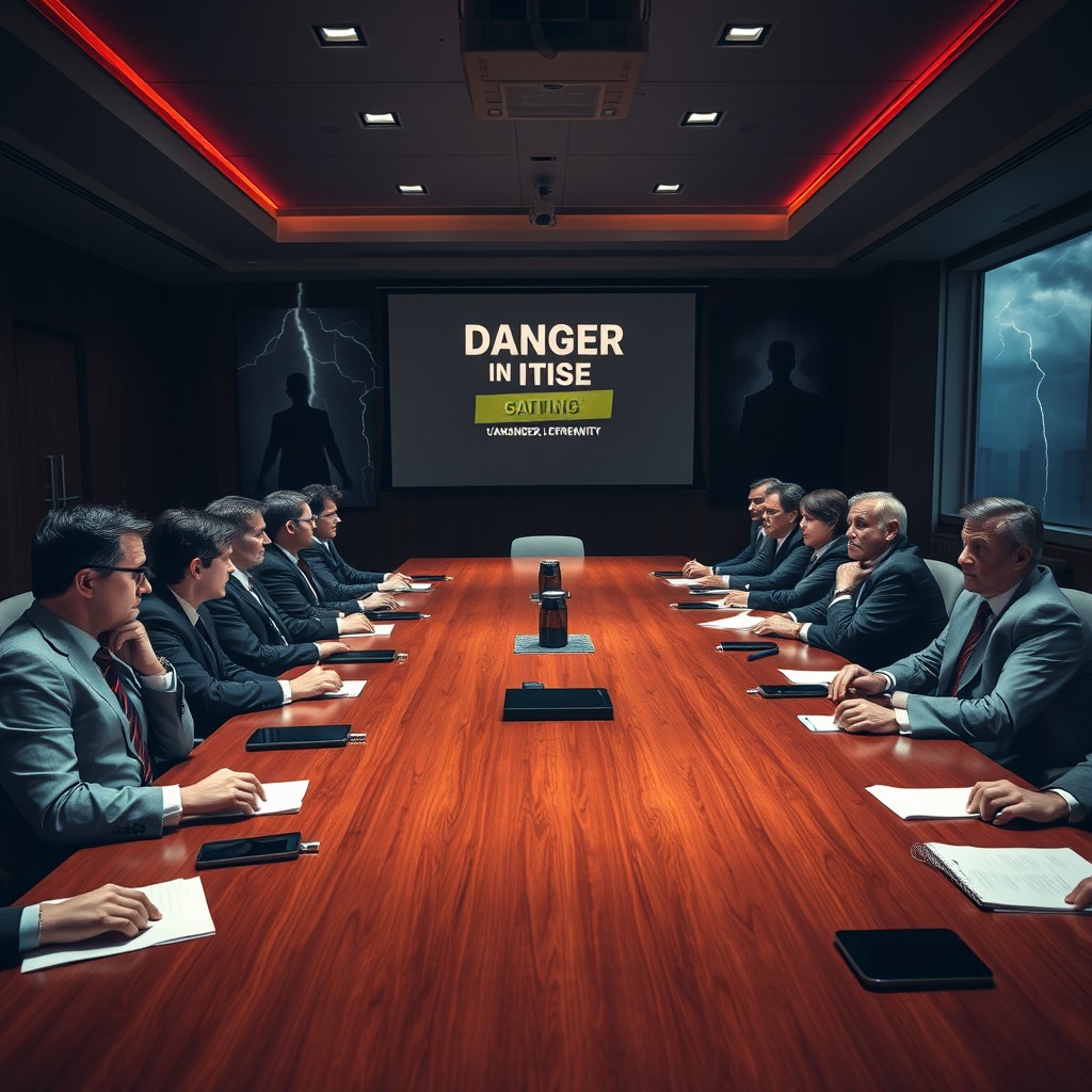 A dramatic conference room scene titled 'Danger Meeting Hall' featuring a long, polished wooden table surrounded by tense executives in formal attire