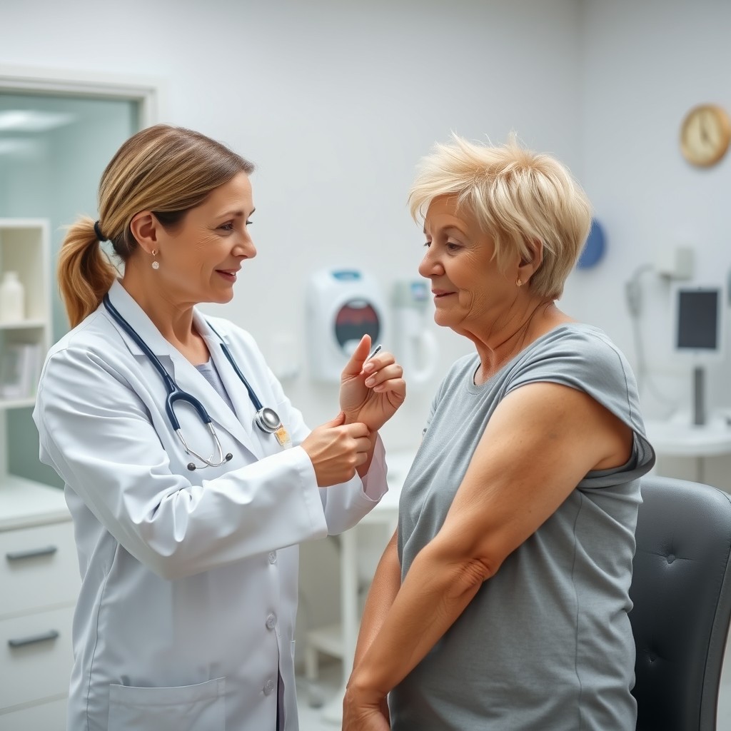 A female doctor in a bright, clean clinic setting, administering a shot to a petite 60-year-old woman